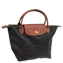 Pre Owned Longchamp Black/Brown Nylon And Leather Small Short Le Pliage Tote