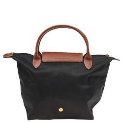 Pre Owned Longchamp Black/Brown Nylon And Leather Small Short Le Pliage Tote