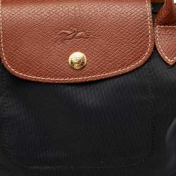 Pre Owned Longchamp Black/Brown Nylon And Leather Small Short Le Pliage Tote