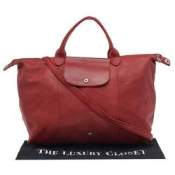 Pre Owned Longchamp Red Leather Le Pliage Tote