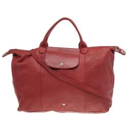 Pre Owned Longchamp Red Leather Le Pliage Tote