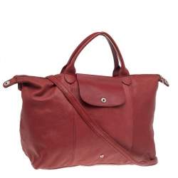 Pre Owned Longchamp Red Leather Le Pliage Tote