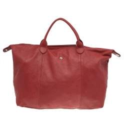 Pre Owned Longchamp Red Leather Le Pliage Tote
