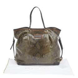 Pre Owned Longchamp Olive Green/Black Snakeskin Embossed Leather Tote