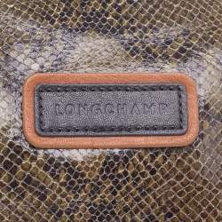 Pre Owned Longchamp Olive Green/Black Snakeskin Embossed Leather Tote