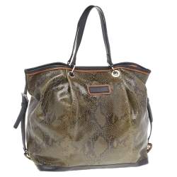 Pre Owned Longchamp Olive Green/Black Snakeskin Embossed Leather Tote