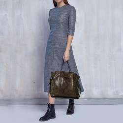 Pre Owned Longchamp Olive Green/Black Snakeskin Embossed Leather Tote