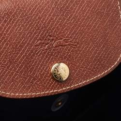 Pre Owned Longchamp Navy Blue/Brown Nylon And Leather Medium Le Pliage Tote