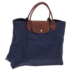 Pre Owned Longchamp Navy Blue/Brown Nylon And Leather Medium Le Pliage Tote