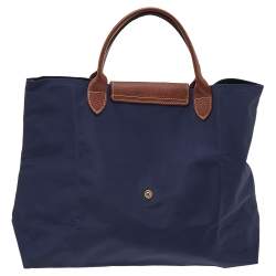 Pre Owned Longchamp Navy Blue/Brown Nylon And Leather Medium Le Pliage Tote