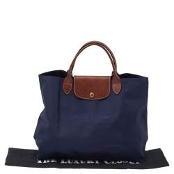 Pre Owned Longchamp Navy Blue/Brown Nylon And Leather Medium Le Pliage Tote