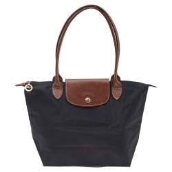 Pre Owned Longchamp Black/Beige Nylon and Leather Small Le Pliage Tote
