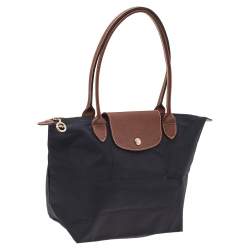 Pre Owned Longchamp Black/Beige Nylon and Leather Small Le Pliage Tote