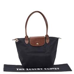 Pre Owned Longchamp Black/Beige Nylon and Leather Small Le Pliage Tote