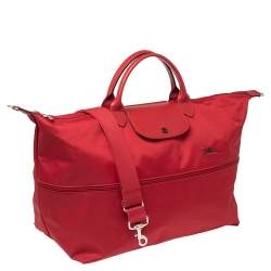 Pre Owned Longchamp Red Polyamide Canvas And Leather Le Pliage Expandable Travel Duffel