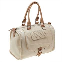 Pre Owned Longchamp Beige Leather Front Pocket Boston Bag
