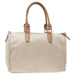 Pre Owned Longchamp Beige Leather Front Pocket Boston Bag