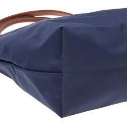 Longchamp Navy Blue/Brown Nylon And Leather Small Le Pliage Tote