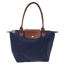 Longchamp Navy Blue/Brown Nylon And Leather Small Le Pliage Tote