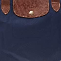 Longchamp Navy Blue/Brown Nylon And Leather Small Le Pliage Tote