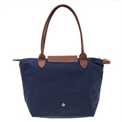 Longchamp Navy Blue/Brown Nylon And Leather Small Le Pliage Tote
