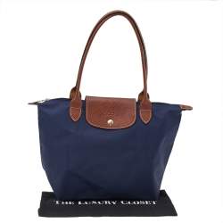 Longchamp Navy Blue/Brown Nylon And Leather Small Le Pliage Tote