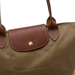 Longchamp Khaki Brown Nylon and Leather Small Le Pliage Tote