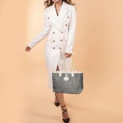 Pre Owned Longchamp Off White/Navy Blue Fabric And Leather Roseau Tote