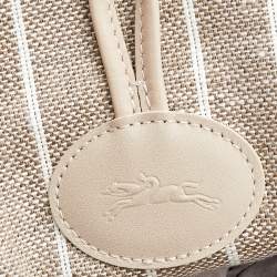 Pre Owned Longchamp Off White/Navy Blue Fabric And Leather Roseau Tote