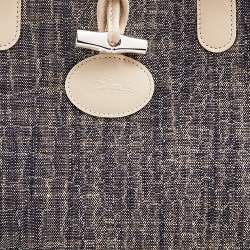 Pre Owned Longchamp Off White/Navy Blue Fabric And Leather Roseau Tote