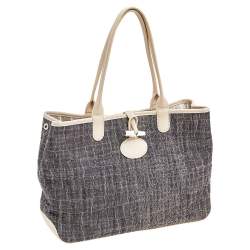 Pre Owned Longchamp Off White/Navy Blue Fabric And Leather Roseau Tote