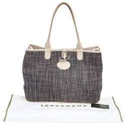 Pre Owned Longchamp Off White/Navy Blue Fabric And Leather Roseau Tote