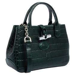Pre Owned Longchamp Green Crocodile Embossed Leather Roseau Tote
