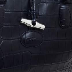 Longchamp Black Croc Embossed Leather Roseau Tote