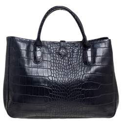 Longchamp Black Croc Embossed Leather Roseau Tote