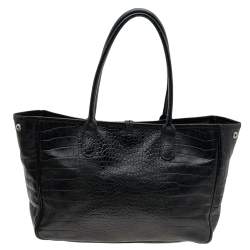 Longchamp Black Glaze Croc Embossed Leather Roseau Tote
