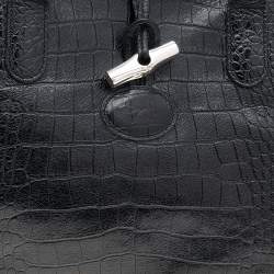 Longchamp Black Glaze Croc Embossed Leather Roseau Tote