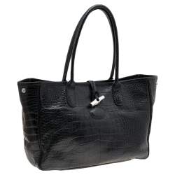 Longchamp Black Glaze Croc Embossed Leather Roseau Tote