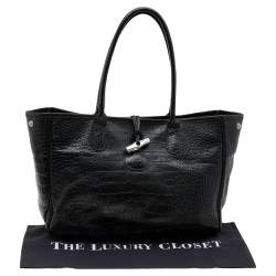 Longchamp Black Glaze Croc Embossed Leather Roseau Tote