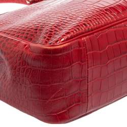 Pre Owned Longchamp Red Croc Embossed Leather Roseau Tote