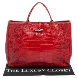 Pre Owned Longchamp Red Croc Embossed Leather Roseau Tote
