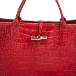 Pre Owned Longchamp Red Croc Embossed Leather Roseau Tote