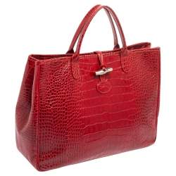 Pre Owned Longchamp Red Croc Embossed Leather Roseau Tote