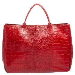 Pre Owned Longchamp Red Croc Embossed Leather Roseau Tote