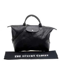 Pre Owned Longchamp Black Leather Le Pliage Tote