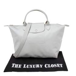 Pre Owned Longchamp Grey Leather And Nylon Medium Le Pliage Tote