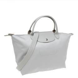 Pre Owned Longchamp Grey Leather And Nylon Medium Le Pliage Tote