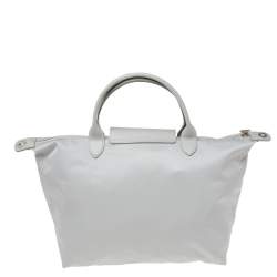 Pre Owned Longchamp Grey Leather And Nylon Medium Le Pliage Tote