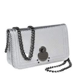 Longchamp Silver Snakeskin Embossed Leather Cavalcade Wallet on Chain