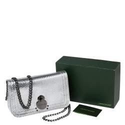 Longchamp Silver Snakeskin Embossed Leather Cavalcade Wallet on Chain